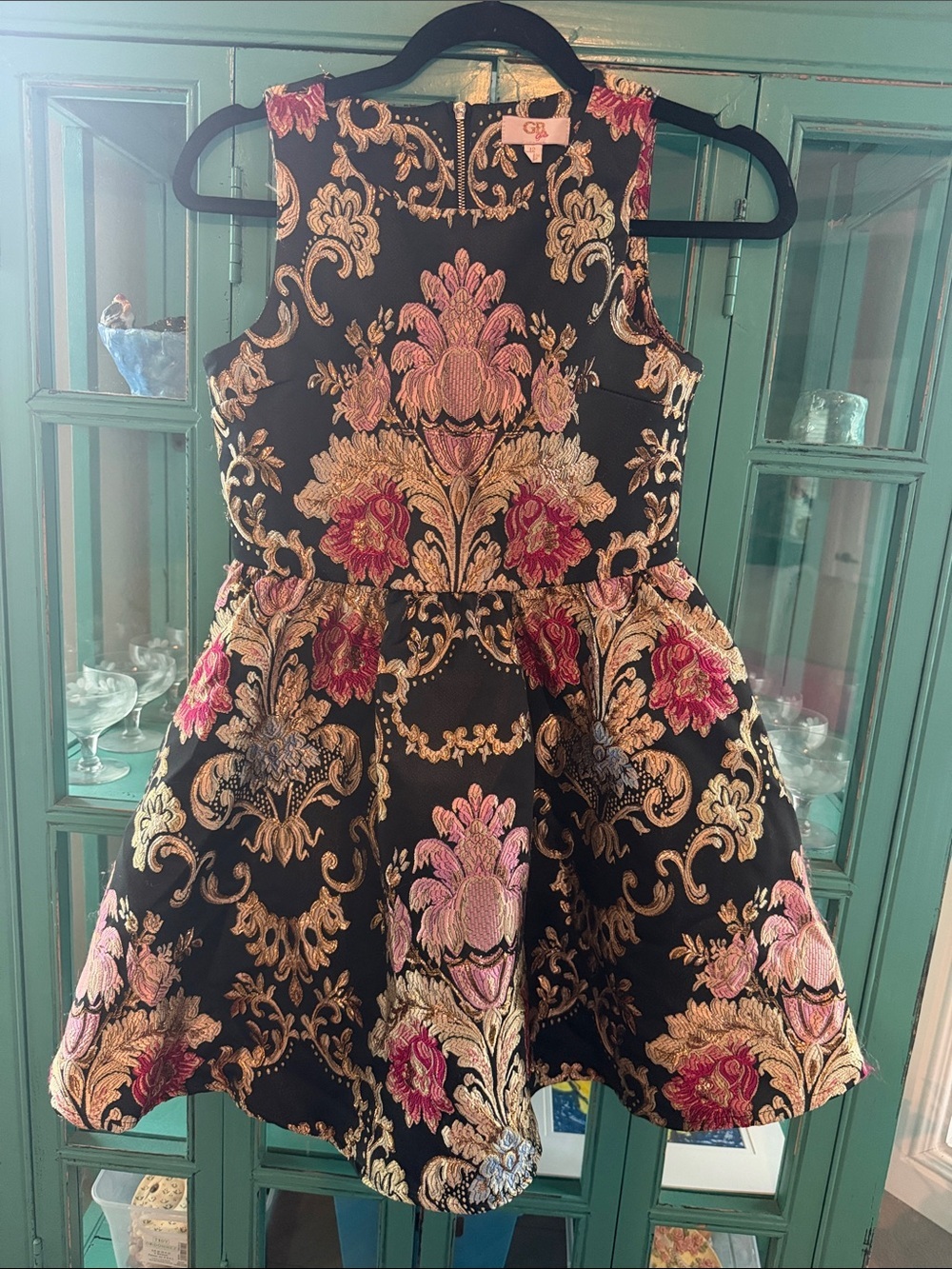 Gianni Bini Black Dress with Gold and Pink Floral Brocade
